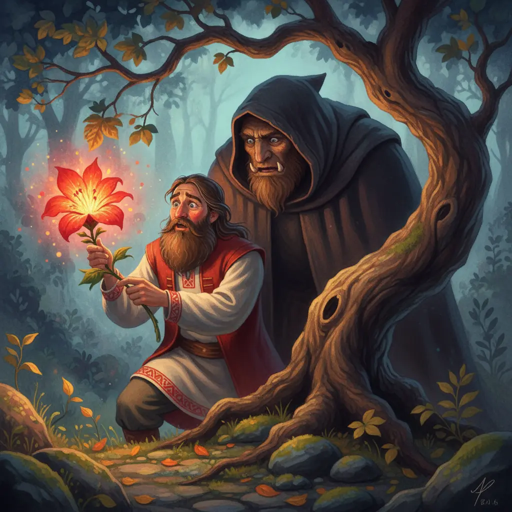 Купец срывает сияющий аленький цветок в волшебном саду, рядом появляется загадочный зверь