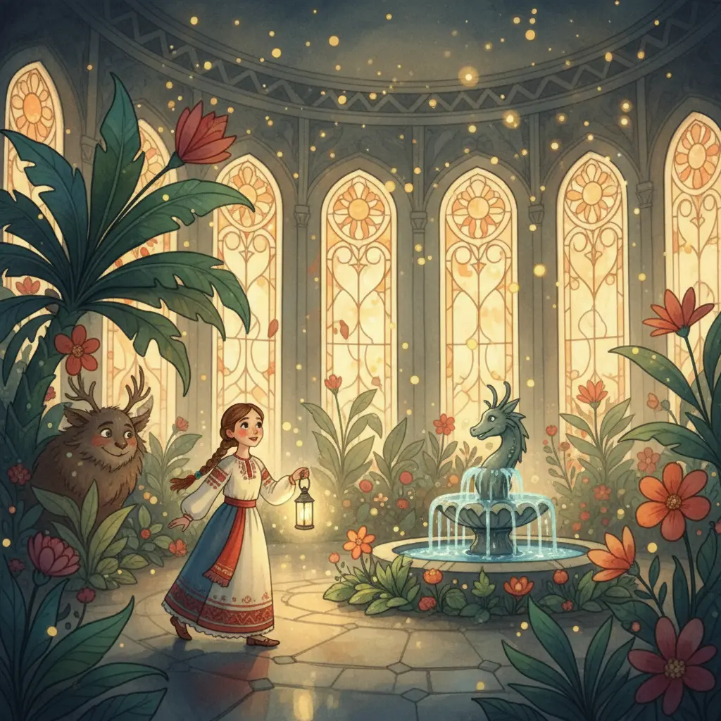 Настенька идёт по залу волшебного дворца с парящими огоньками, зверь наблюдает из тени