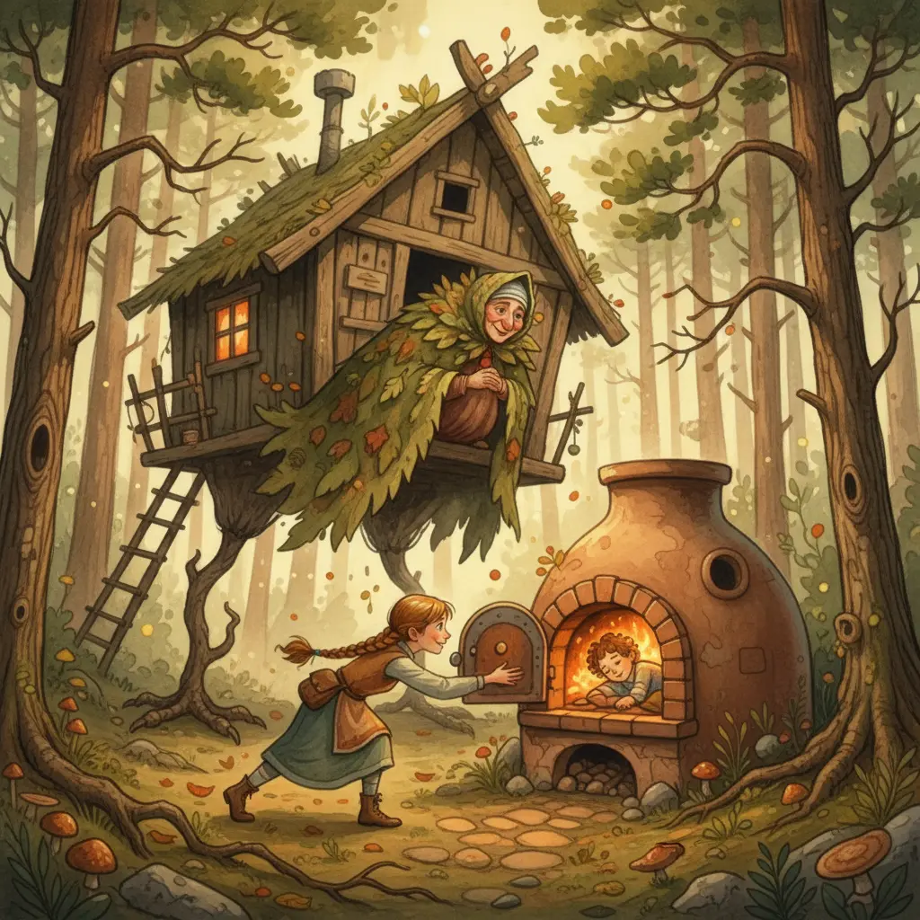 Избушка на курьих ножках и Баба-Яга, готовящая печь, пока Аленушка спасает брата
