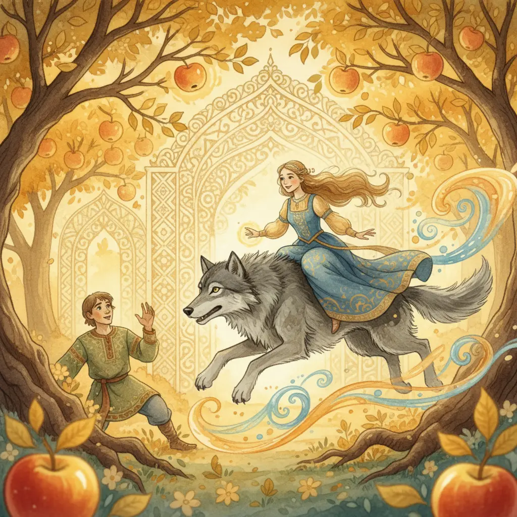 Серый Волк несёт Елену Прекрасную через золотой сад Жар-птицы, а Иван наблюдает