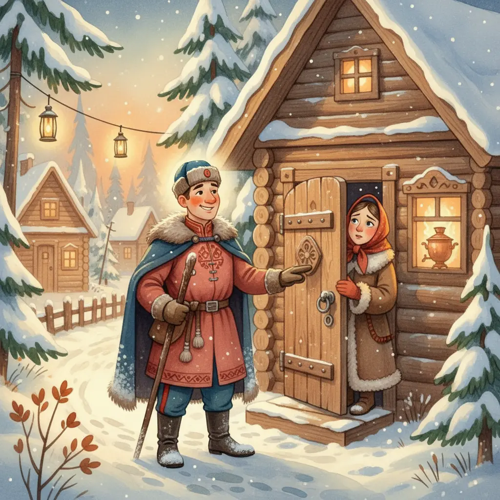 Улыбающийся солдат стучит в дверь деревянной избы, хозяйка выглядывает настороженно