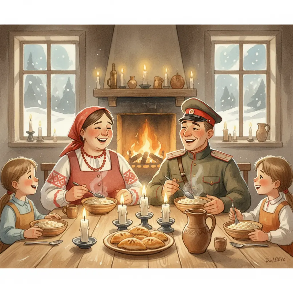 Солдат и хозяйка сидят за столом и с аппетитом едят ароматную кашу