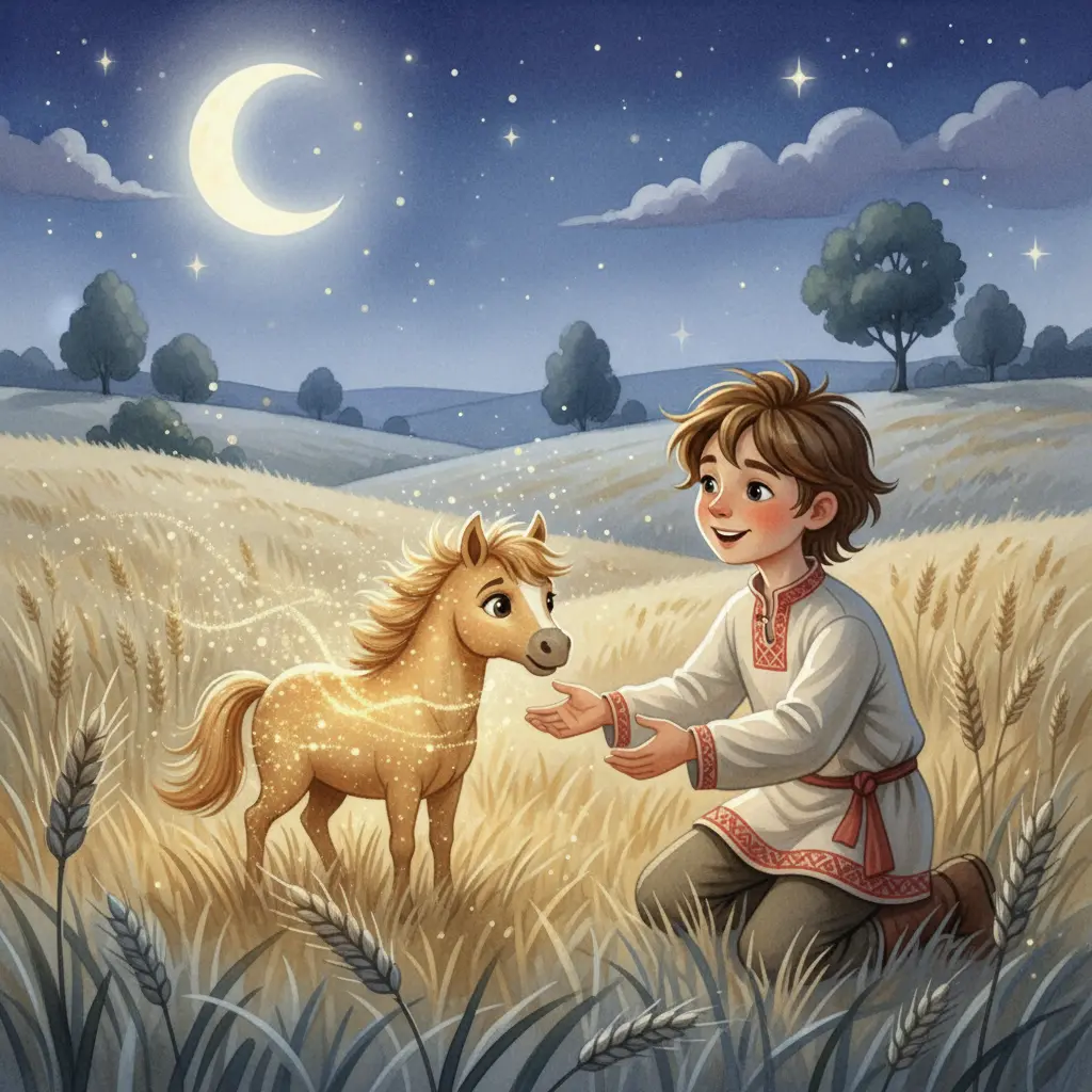 Иван встречает волшебного Конька-Горбунка в ночной степи