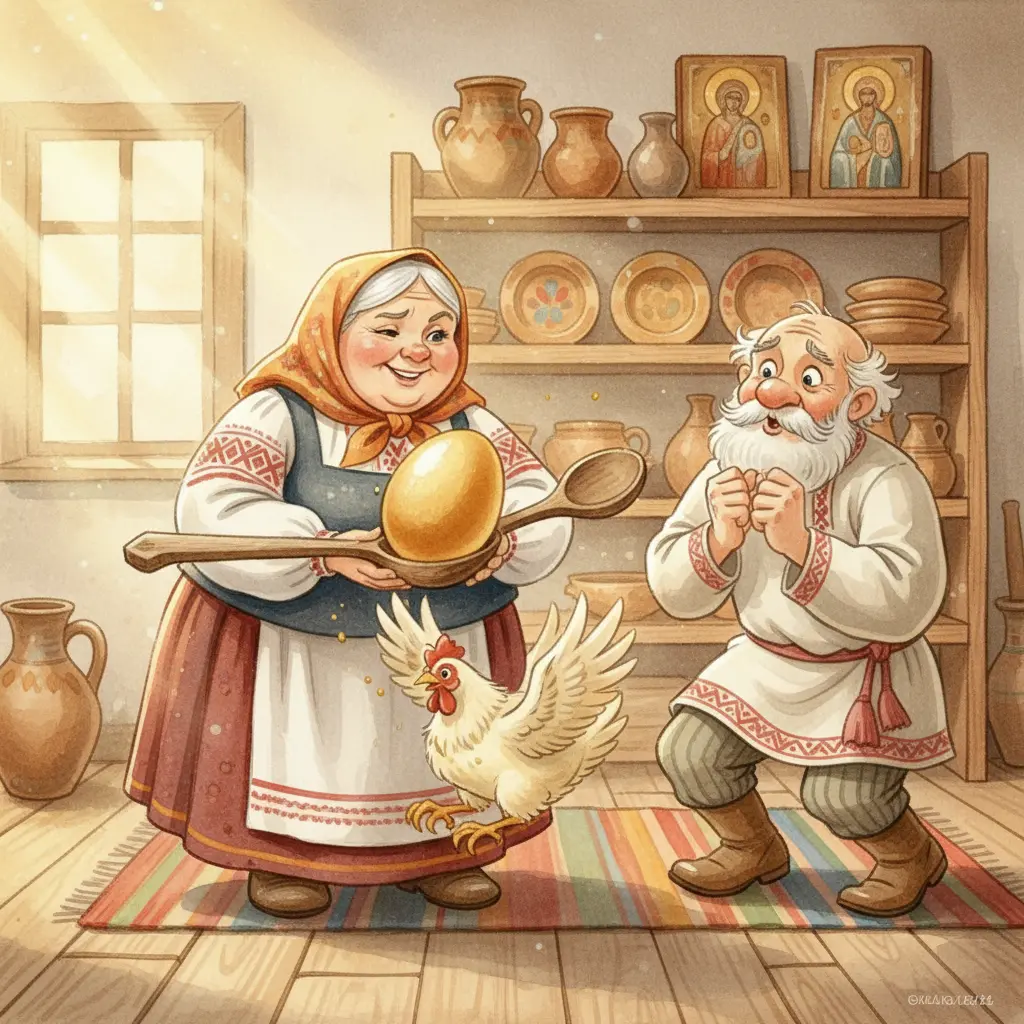 Бабка аккуратно пытается разбить золотое яйцо, дед волнуется