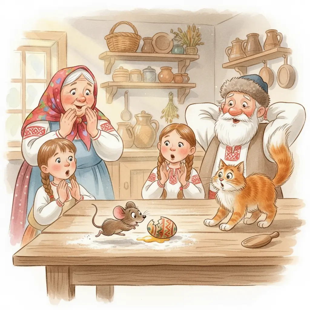 Мышка бежит по столу и случайно задевает яйцо