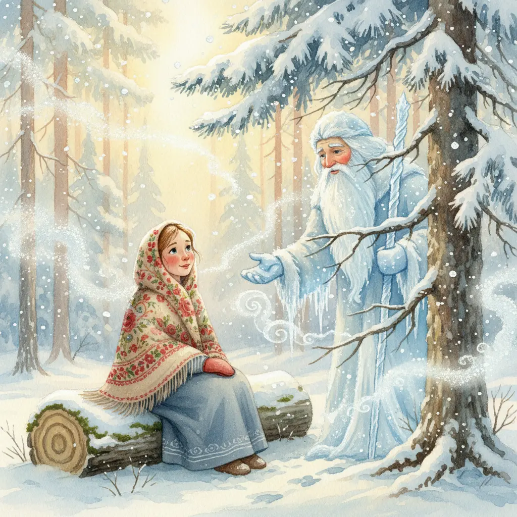 Добрая девушка сидит под ёлкой, а Морозко выглядывает из-за заснеженного дерева