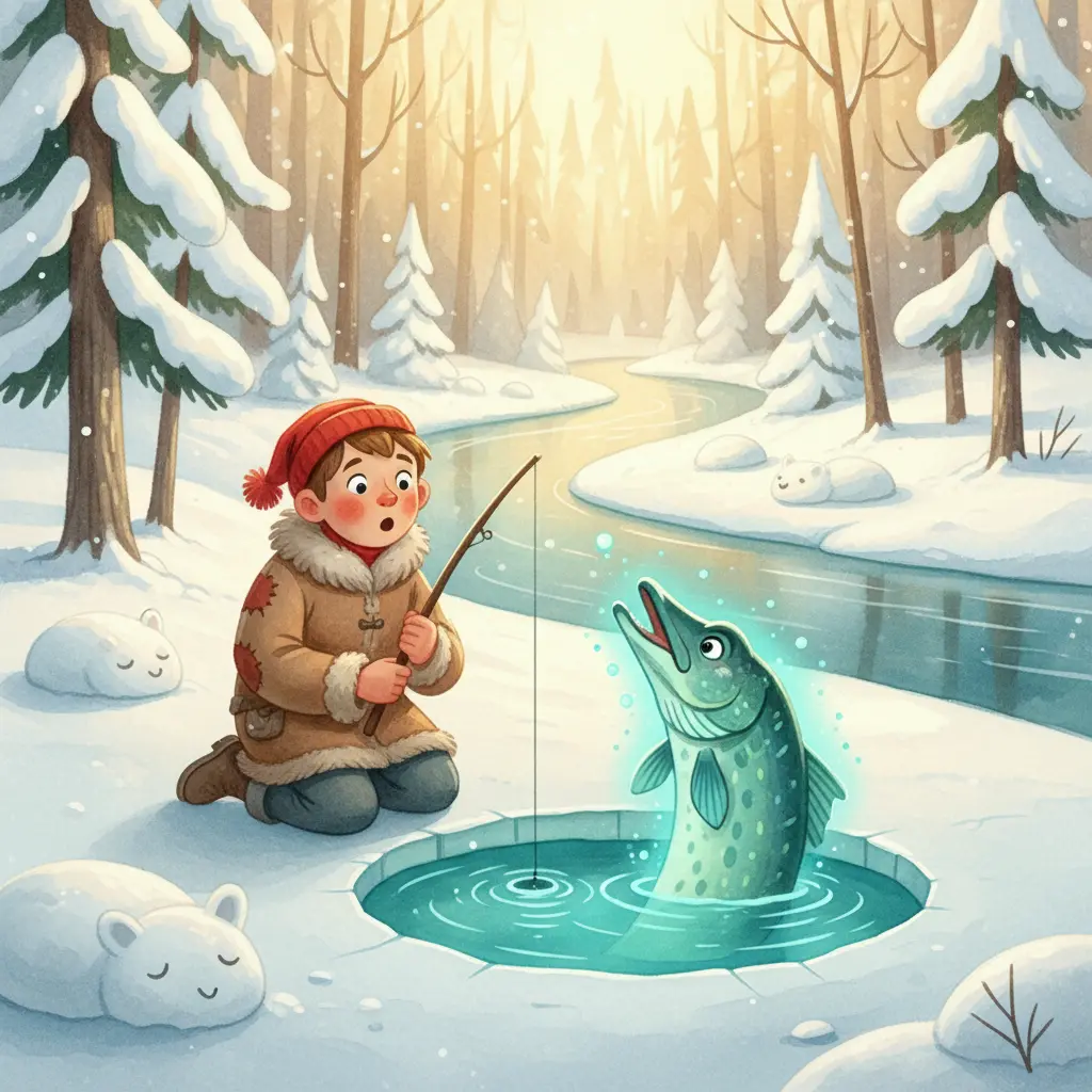 Емеля вылавливает волшебную щуку через прорубь