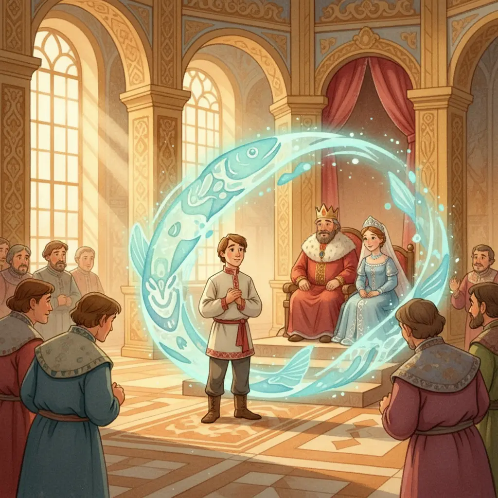 Емеля встречается с царём и царевной во дворце, вокруг искрится магия