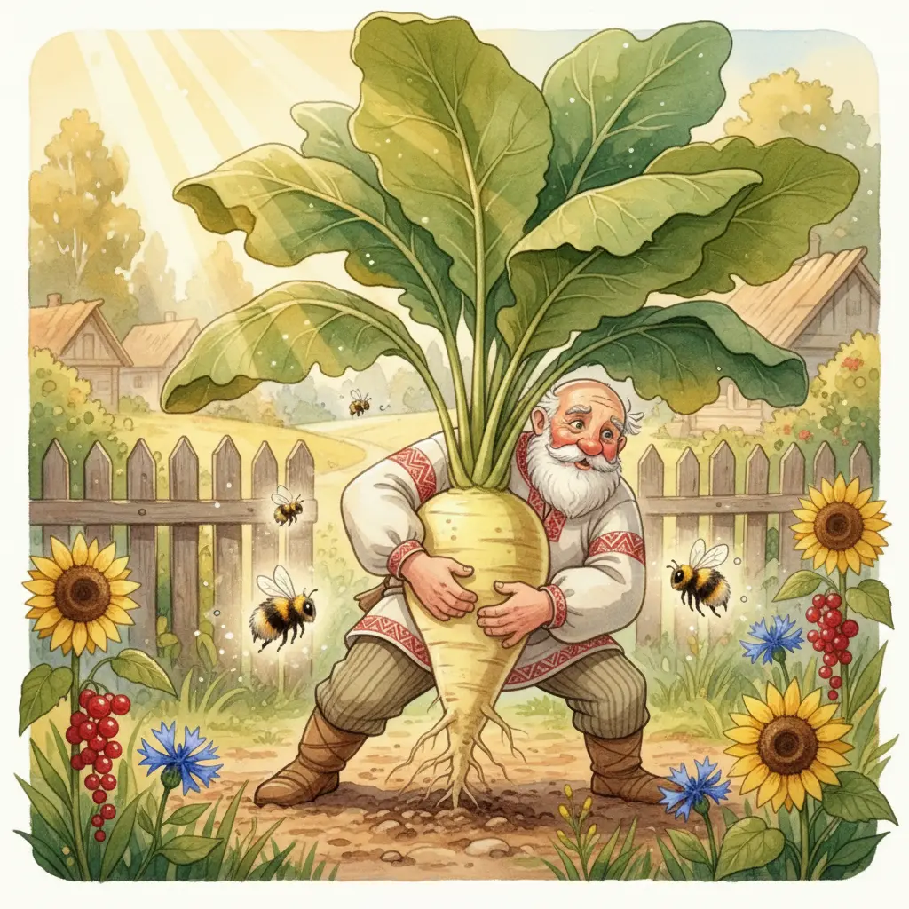 Дед тянет огромную репку на солнечном огороде