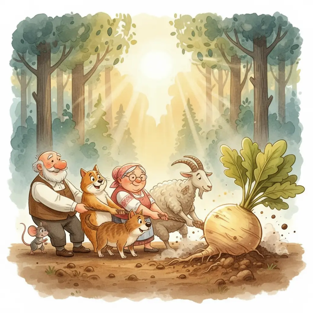 Маленькая мышка присоединяется к цепочке и репка почти выходит из земли