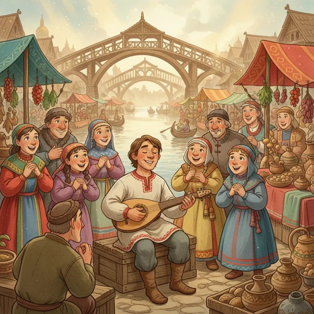 Садко играет на гуслях на берегу Волхова, жители слушают