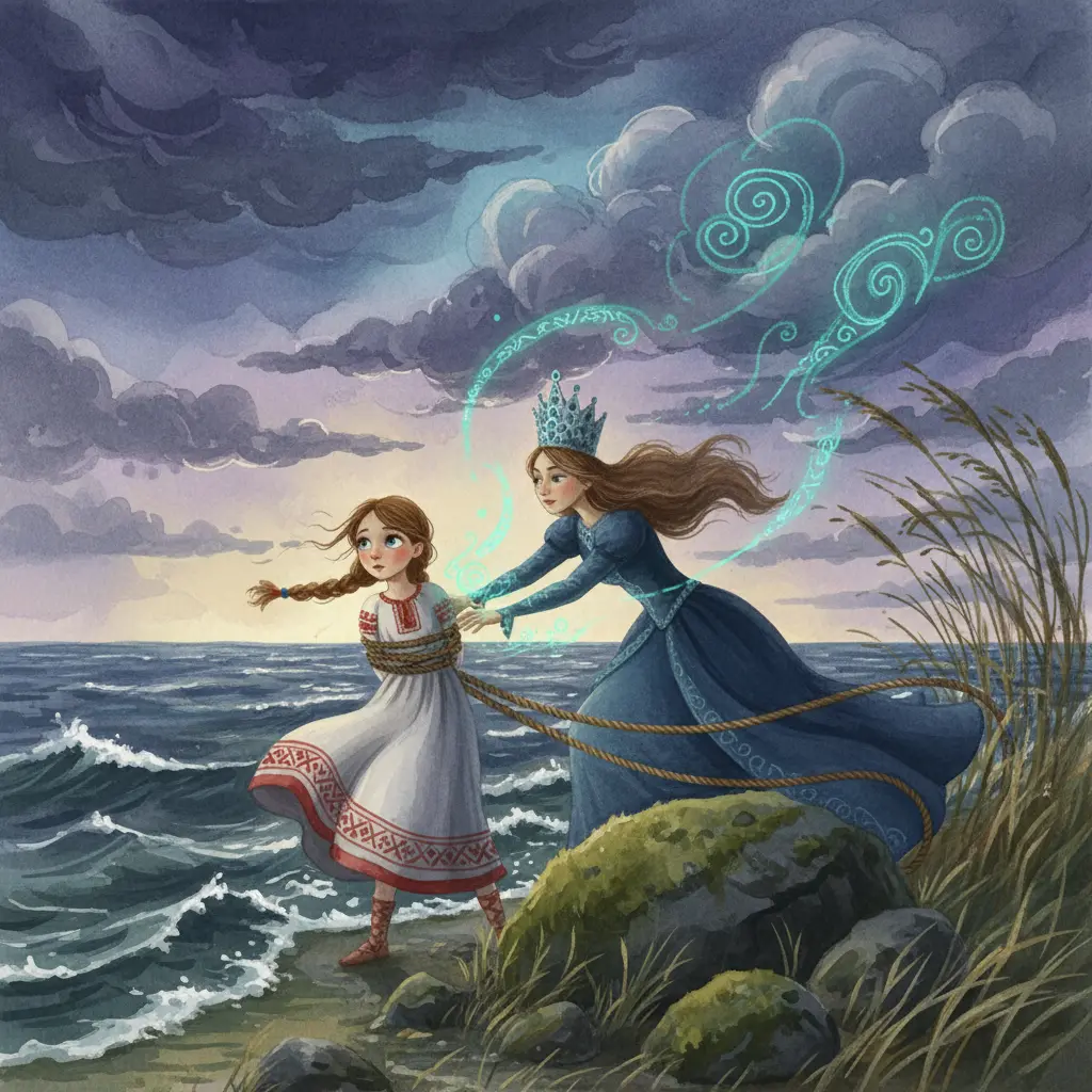 Ведьма сталкивает Алёнушку с привязанным камнем в тёмное озеро