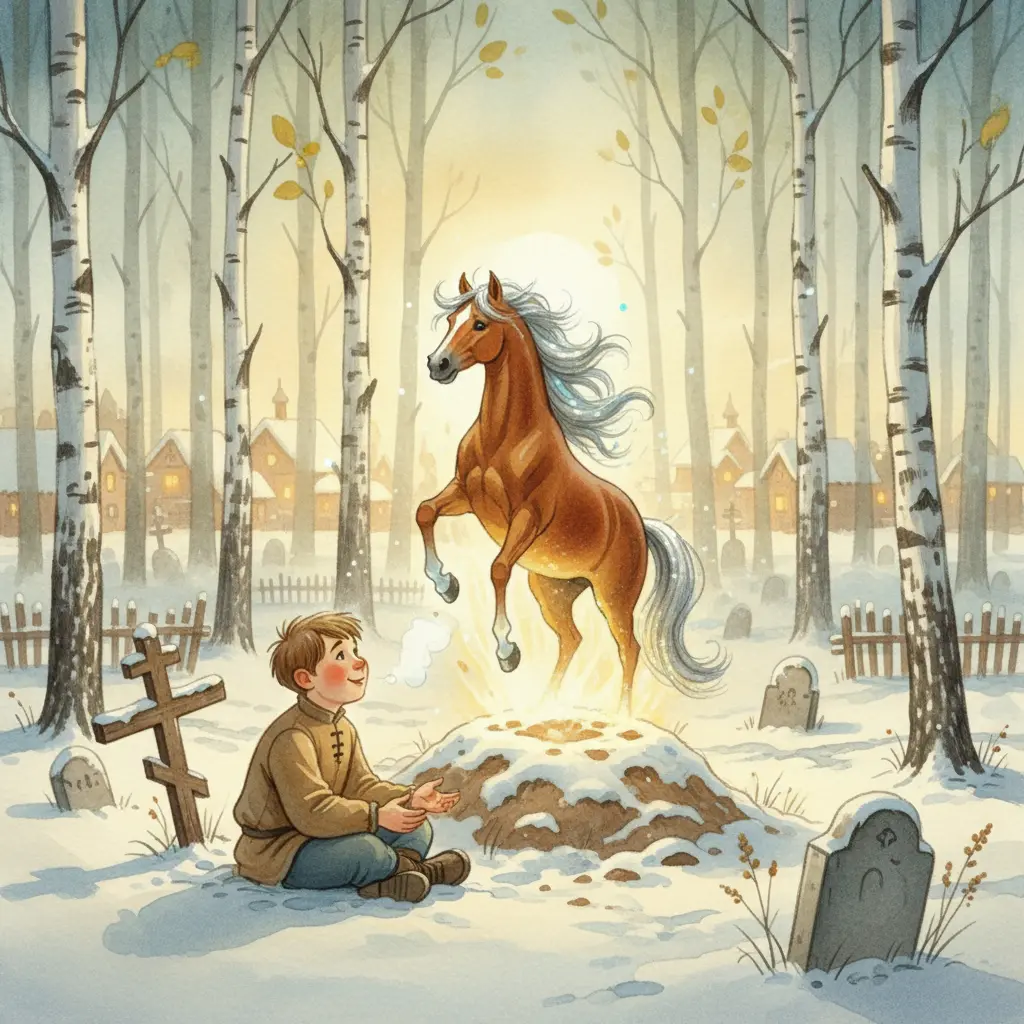 Иван сидит у могилы отца, а из светящейся земли появляется конь Сивка-Бурка