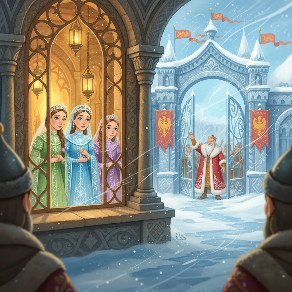 Царь Салтан прощается с молодой царицей у ворот терема среди метели