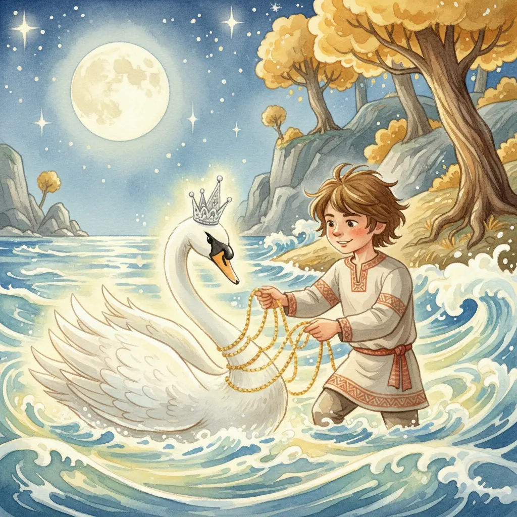 Князь Гвидон вытаскивает Лебедь из сетей на лунном берегу острова Буяна