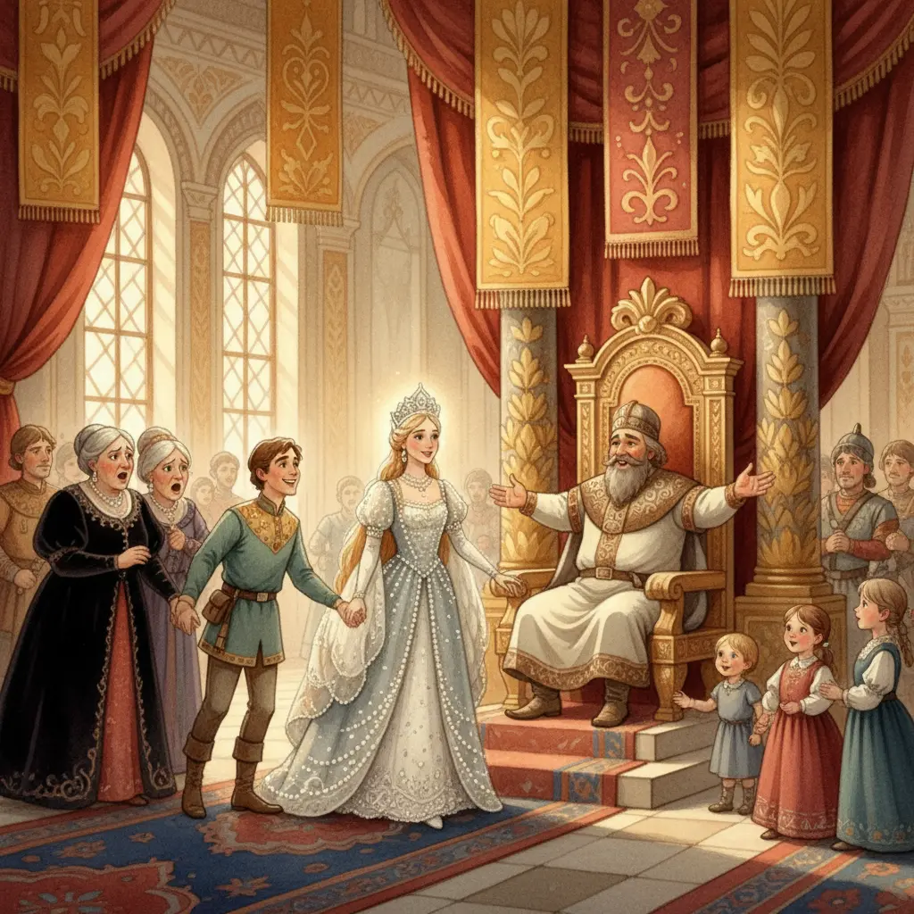 Царь Салтан встречает Гвидона и его мать на берегу