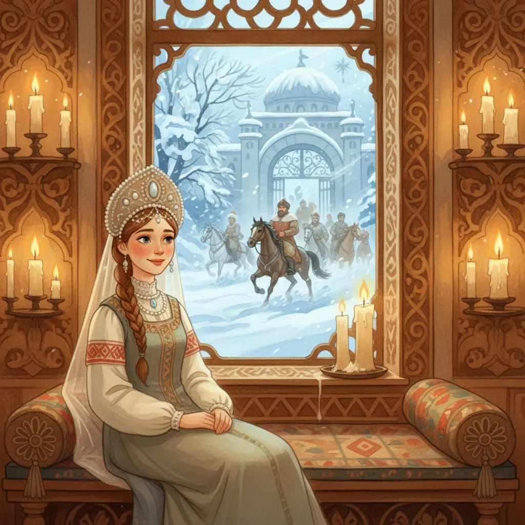 Царь уезжает в поход, а молодая царица провожает его у окна во время метели