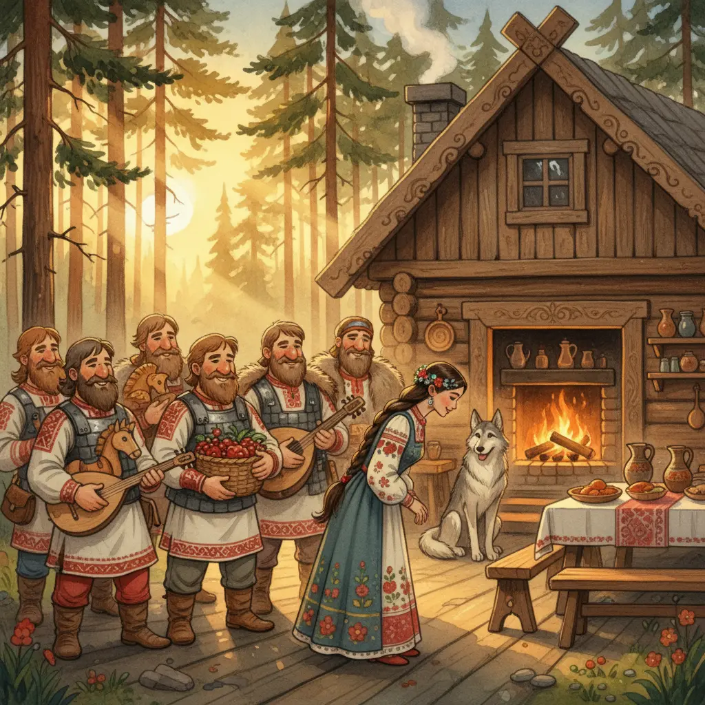 Царевна приветствует семерых богатырей в тёплой лесной избе