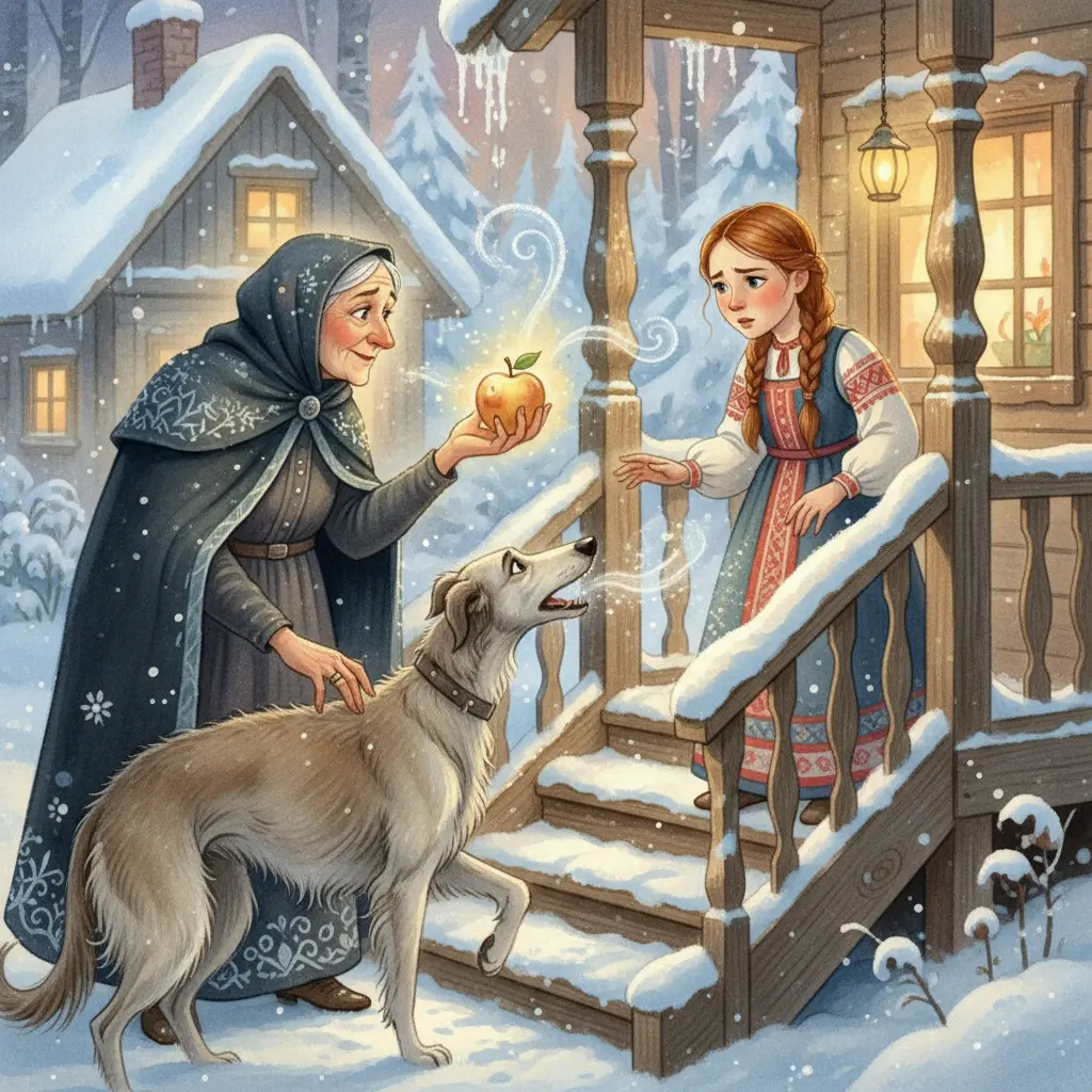Старуха протягивает золотое яблоко царевне, а верный пёс преграждает ей путь