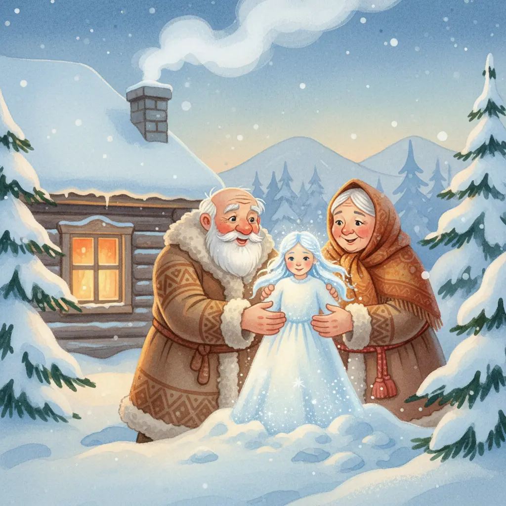 Иван и Марья лепят Снегурочку на заснеженном дворе у своей избы