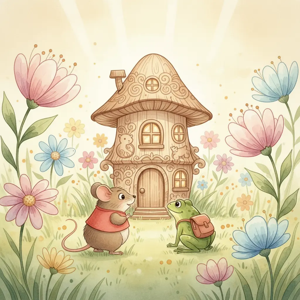 Мышка-норушка и лягушка-квакушка рассматривают резной теремок на полянке