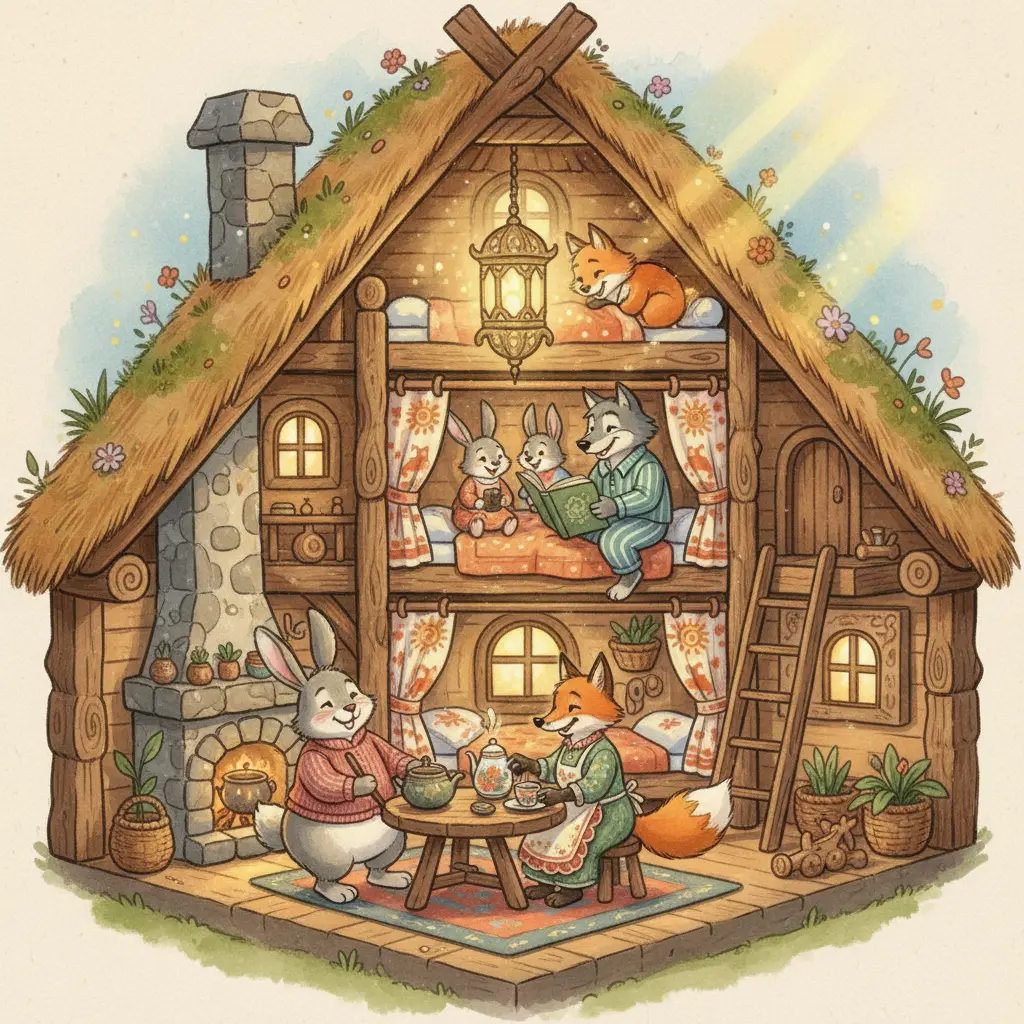 Теремок, полный весёлых зверей — зайца, лисы и волка — которые живут дружно
