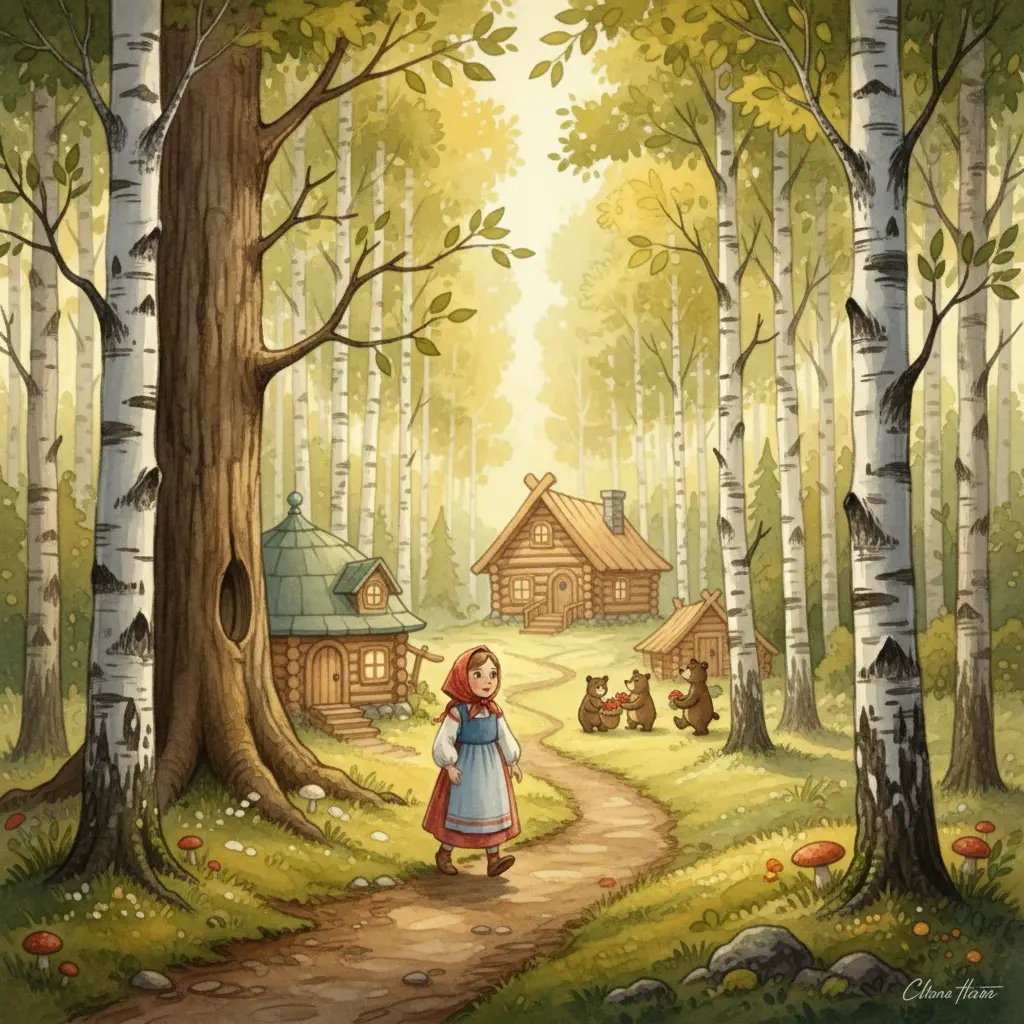 Девочка Маша идёт по лесной тропе и замечает маленький дом медведей