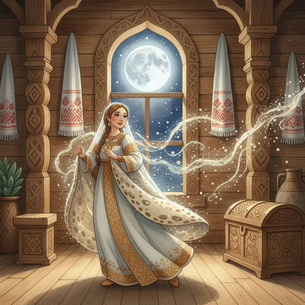 Василиса Премудрая ночью снимает лягушачью кожу в золотом сиянии