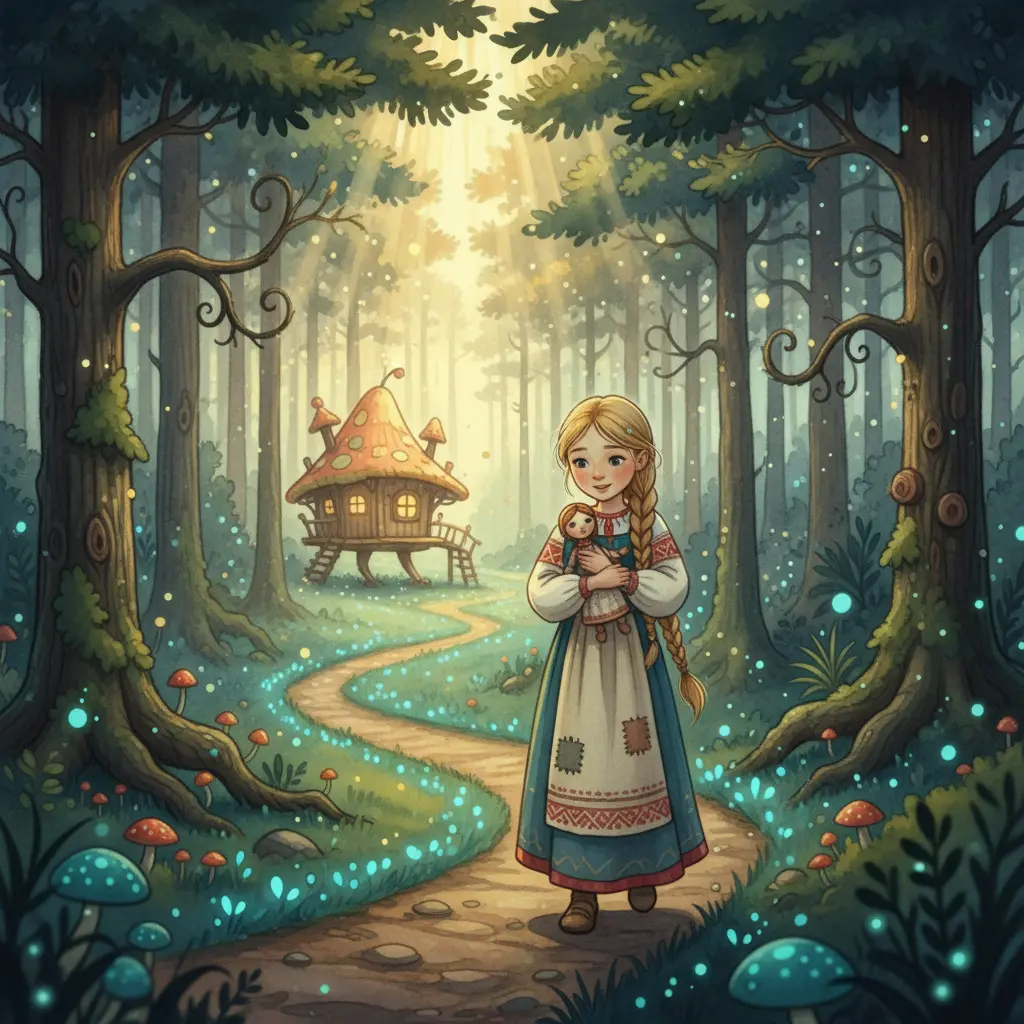 Василиса с куклой идёт через тёмный лес к избушке Бабы-Яги