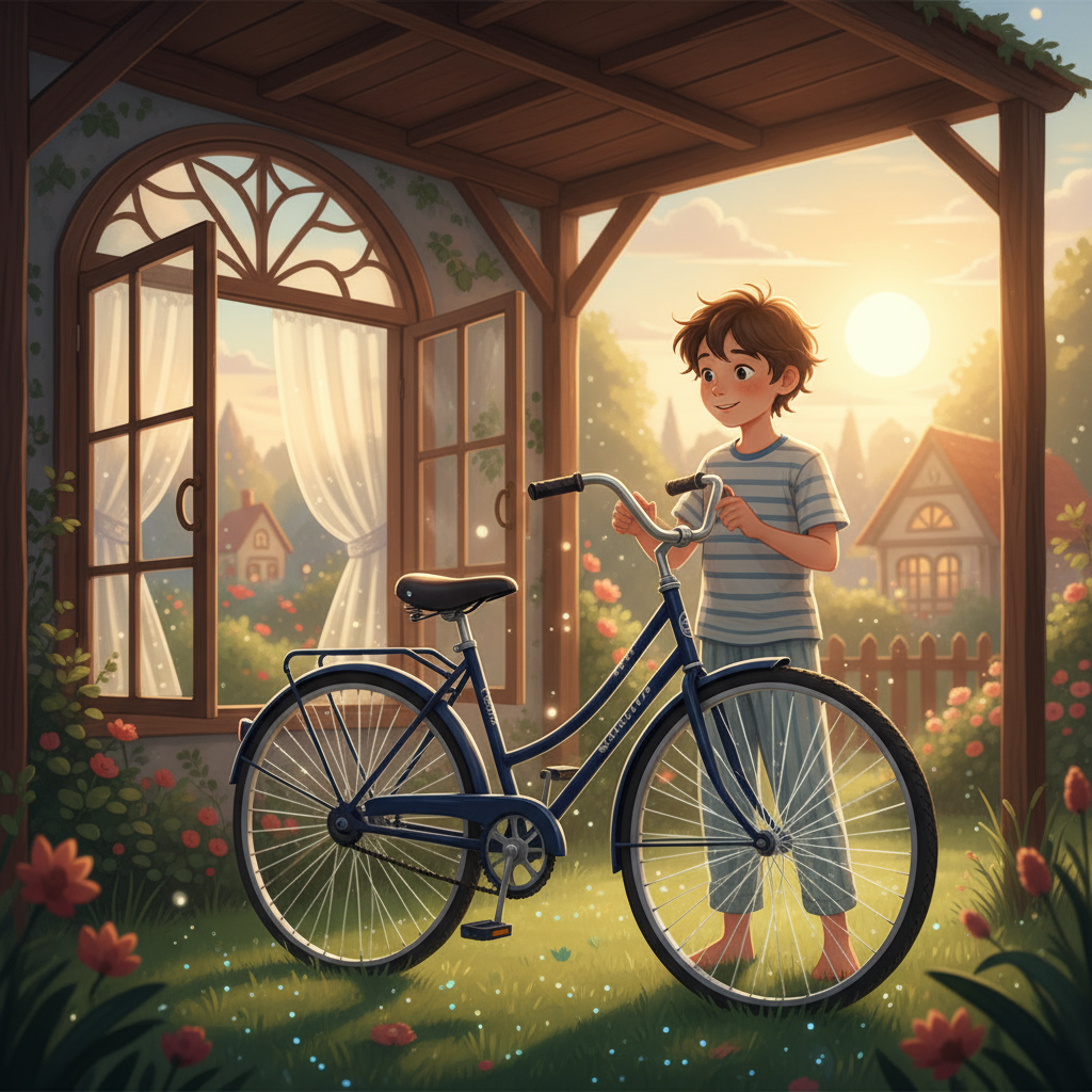 Дима с папой рассматривают новый велосипед во дворе